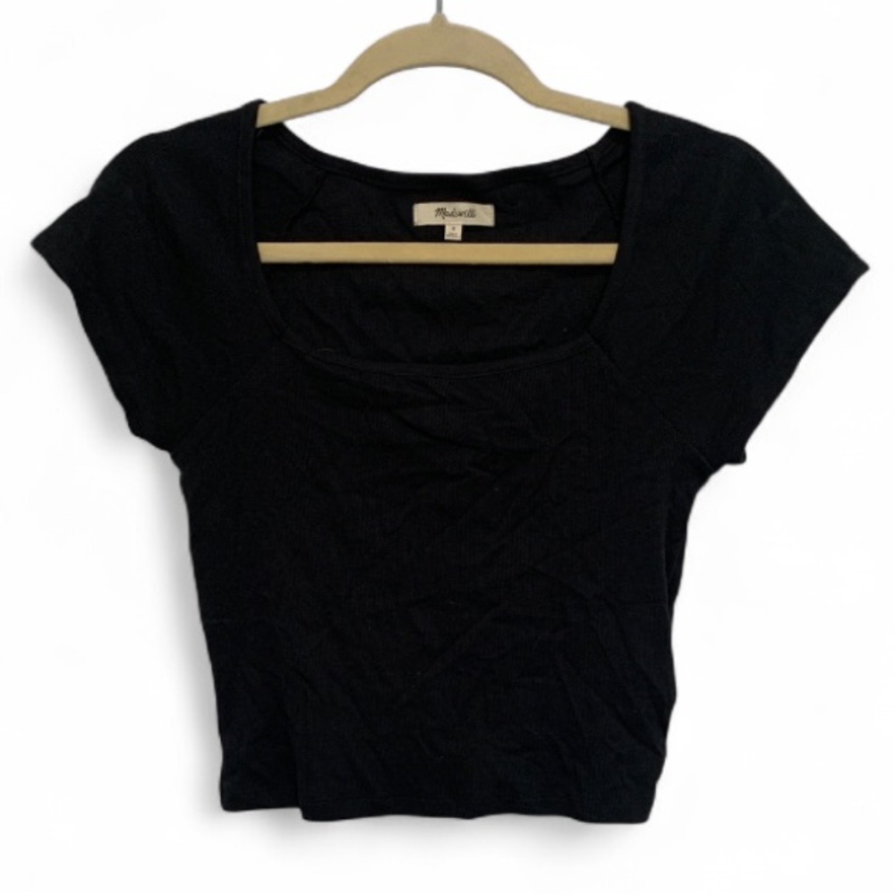 Madewell Brightside Squareneck Black Ribbed Short Sleeve Crop Top